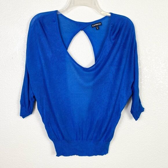 Express Blue Short Sleeve Open Back Lightweight Knit Top - Picture 3 of 6